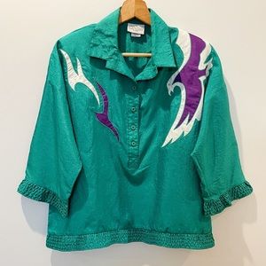 Vintage 80s Park Place Emerald Green Top/Blouse with Eagle Color Block Design